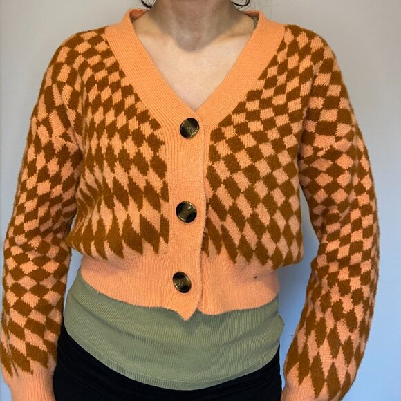 Cotton On cropped checkered cardigan - orange and brown - Picture 2 of 7